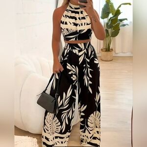 Tropical Print Pants Set, Halter Neck Crop Top & High Waist Wide